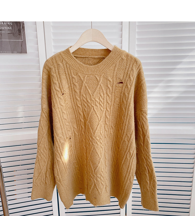 Pull tricoté de couleur unie torsadé avec haut à trous creux personnalisé 6087
