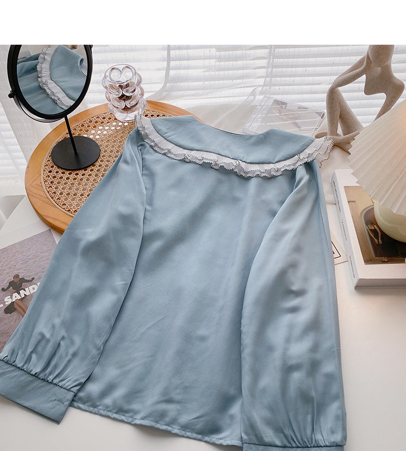 Doll collar lace temperament Long Sleeve Shirt 6410