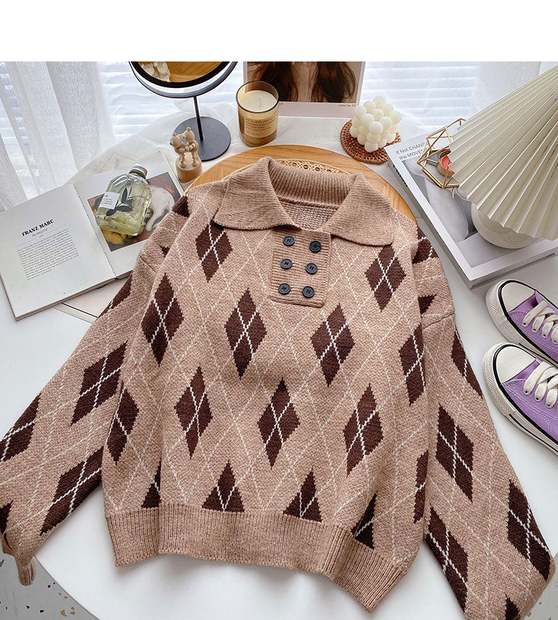 Lapel Pullover design rhombic contrast top 6124