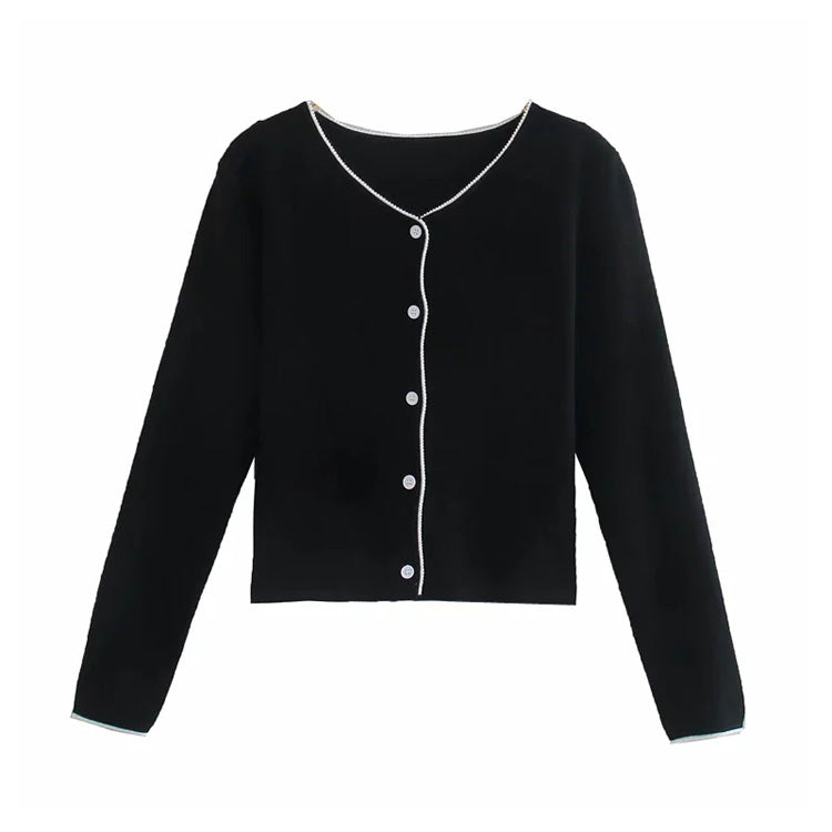 French V-neck lace contrast slim fit short knit sweater 7263