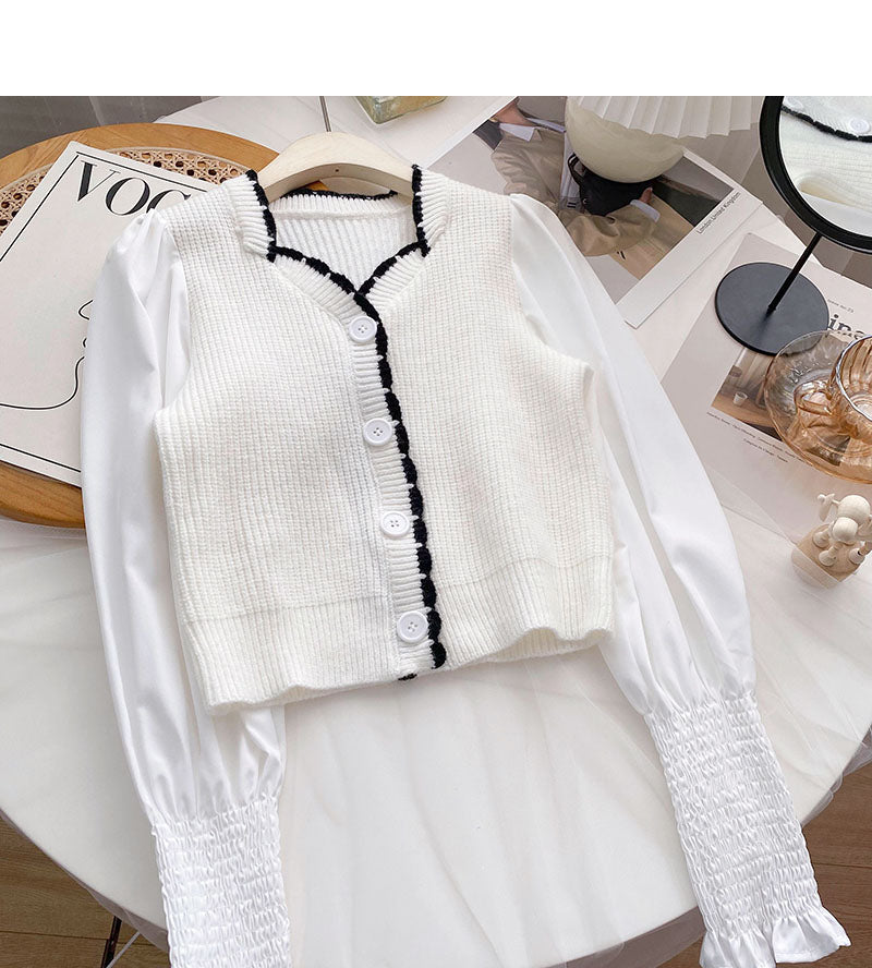 French small square neck stitched long sleeve fake two-piece blouse 6592
