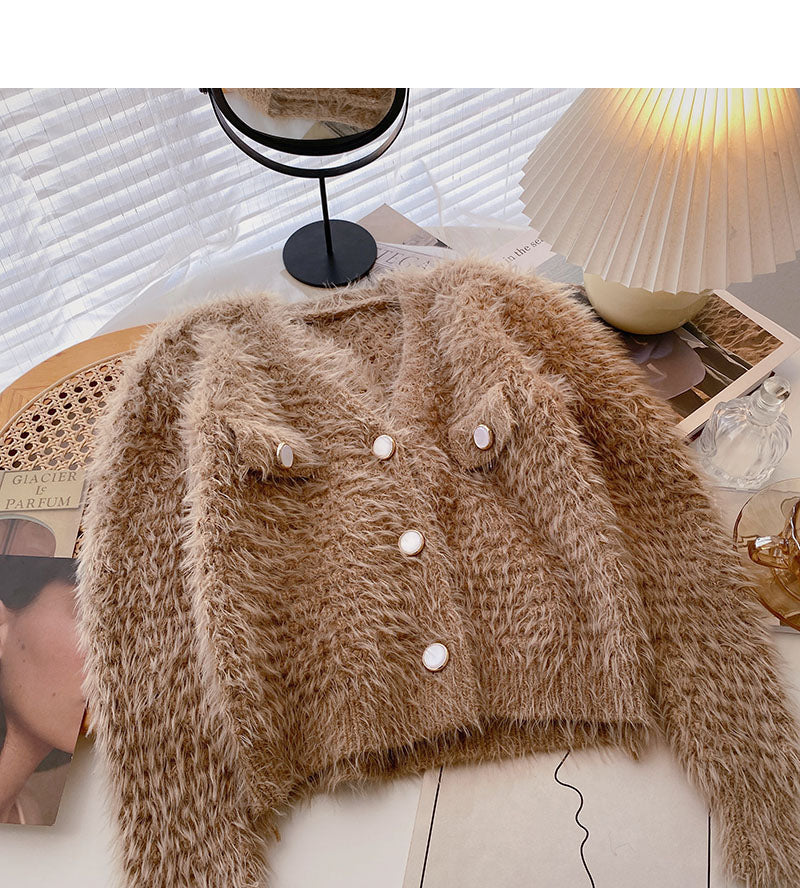 Imitation mink wool solid color sweater knitted cardigan fashion 6059