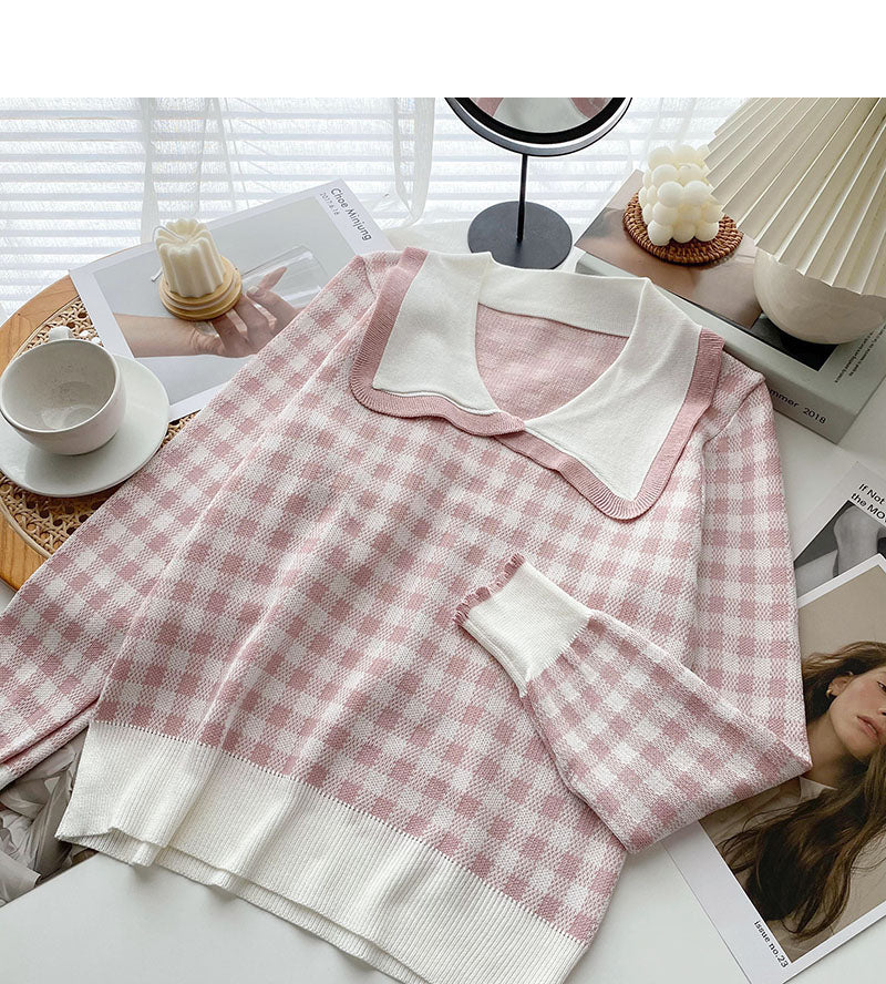 Aging sweet contrast checked doll collar Pullover Top 6678
