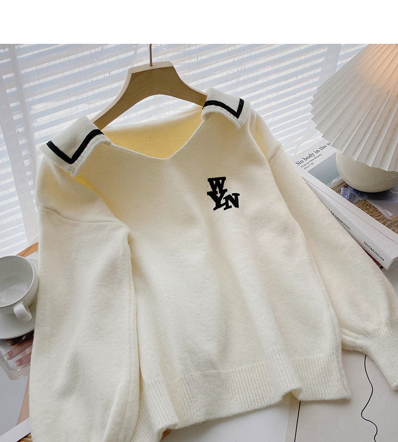 Design personalized letter print contrast Navy collar long sleeve top 6012