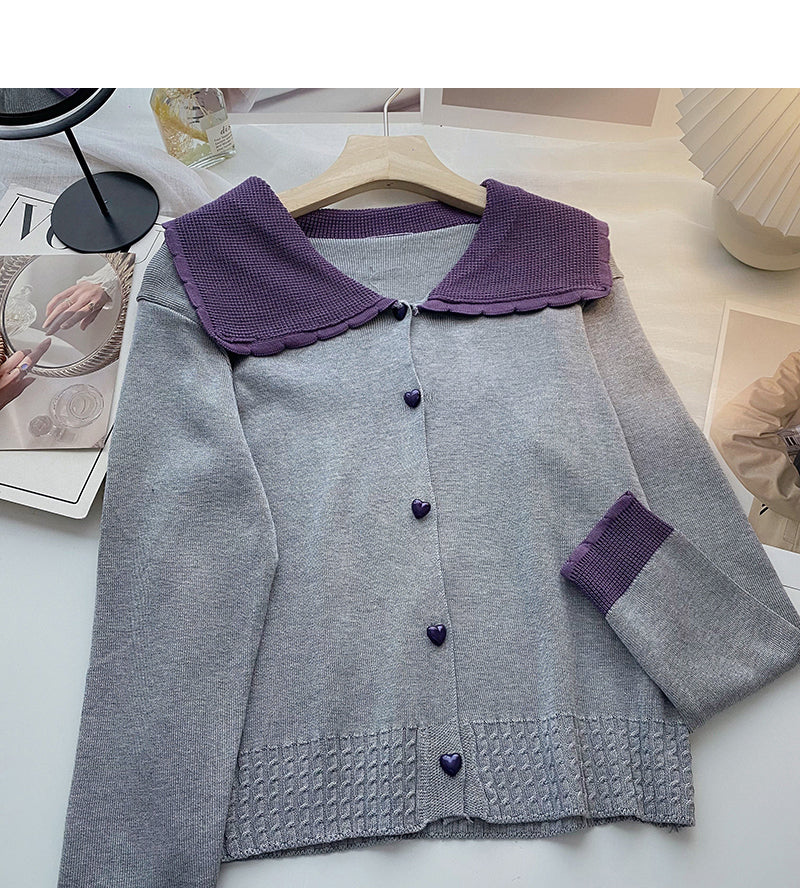 Baby collar long sleeve Vintage sweater single breasted top 6517