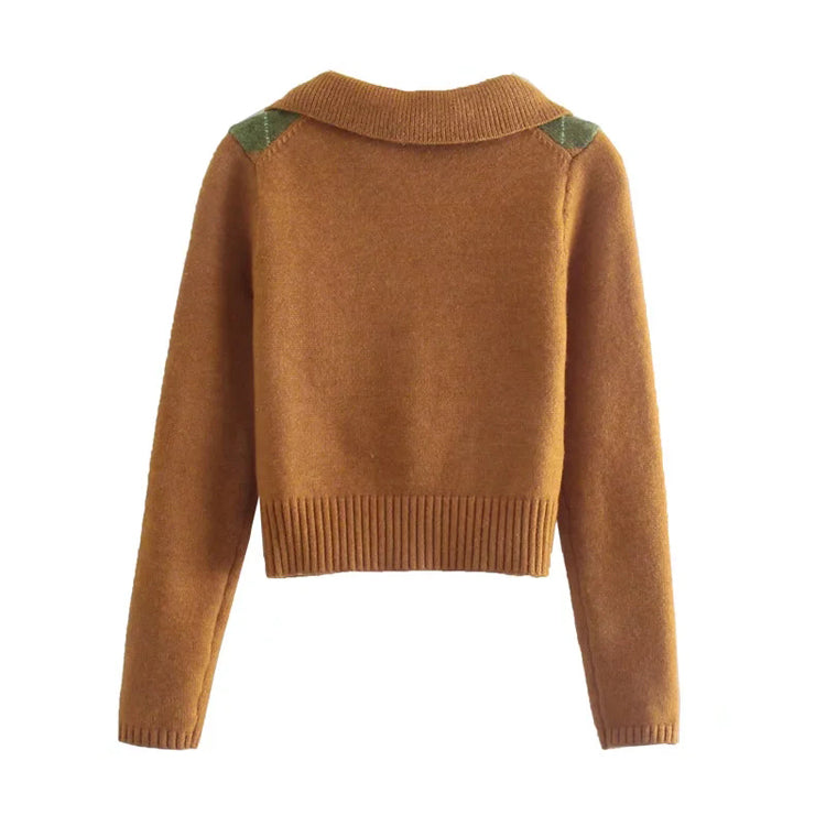 V-neck diamond check contrast jacquard slim knit 7195