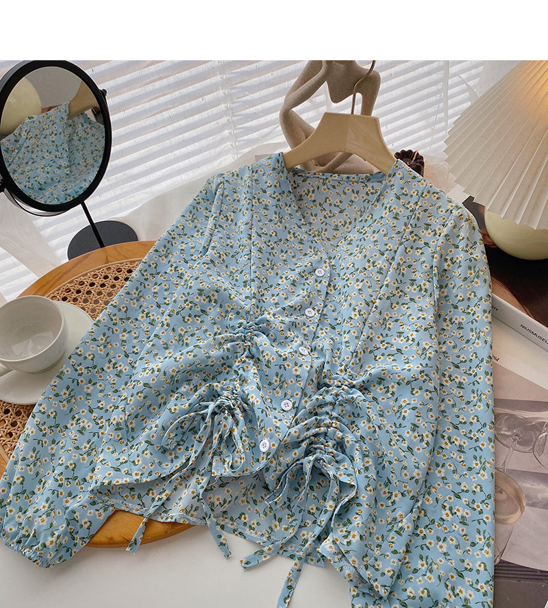 Design sense of foreign style floral shirt drawstring fold 6412