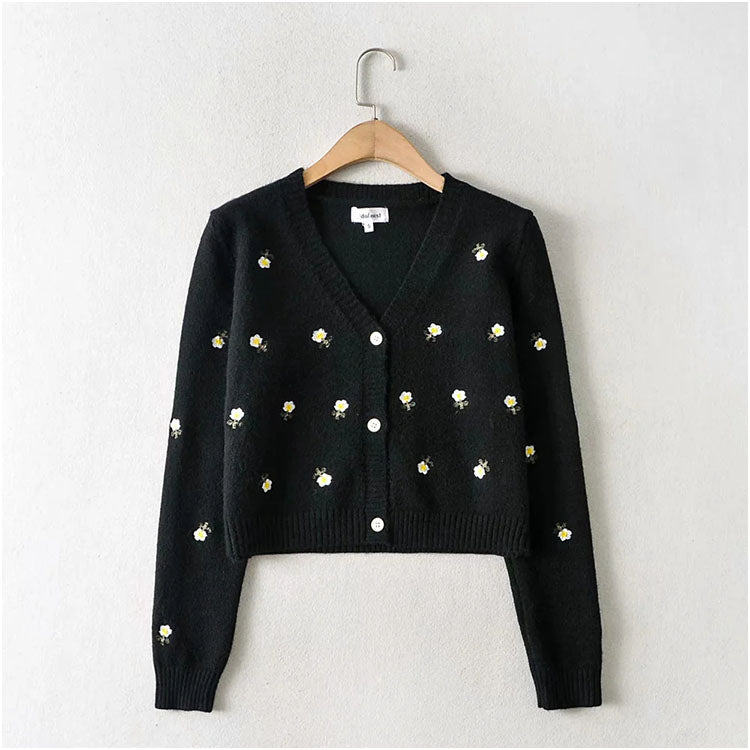 Lazy embroidery button cardigan V-neck versatile top coat sweater 7213