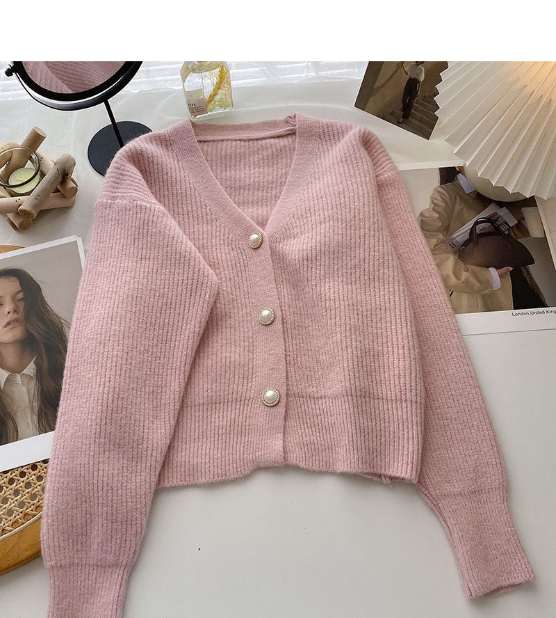 Solid V-Neck long sleeve bright silk sweater coat 6115