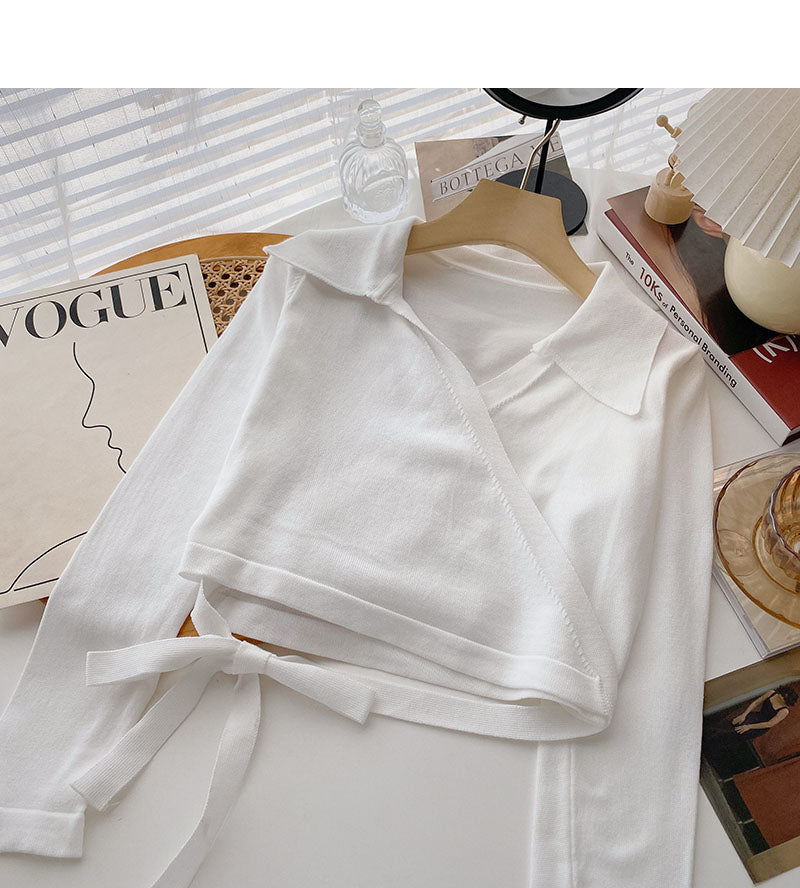 Niche design cross Lapel strap short sweater 6478