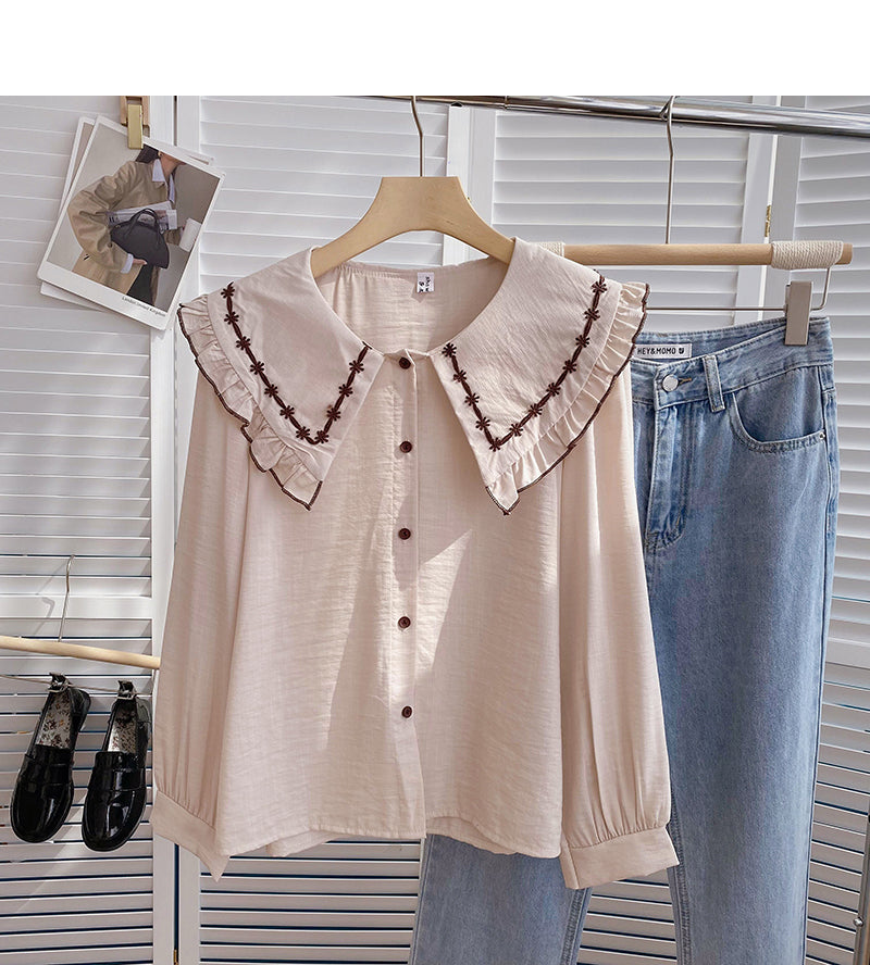 Korean version of thin Hong Kong style retro art doll collar single breasted top 6402
