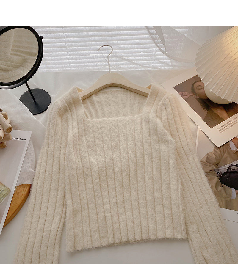 Niche design pit stripe sweater slim square neck top 6156
