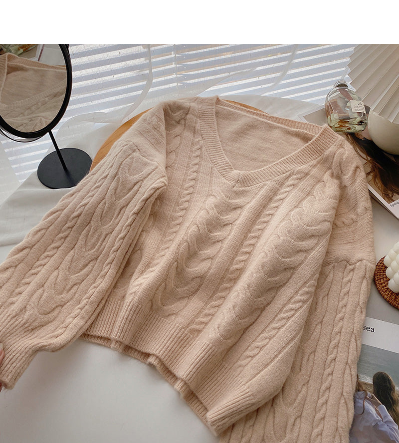 Retro western style thin V-Neck long sleeve loose twist sweater 5959