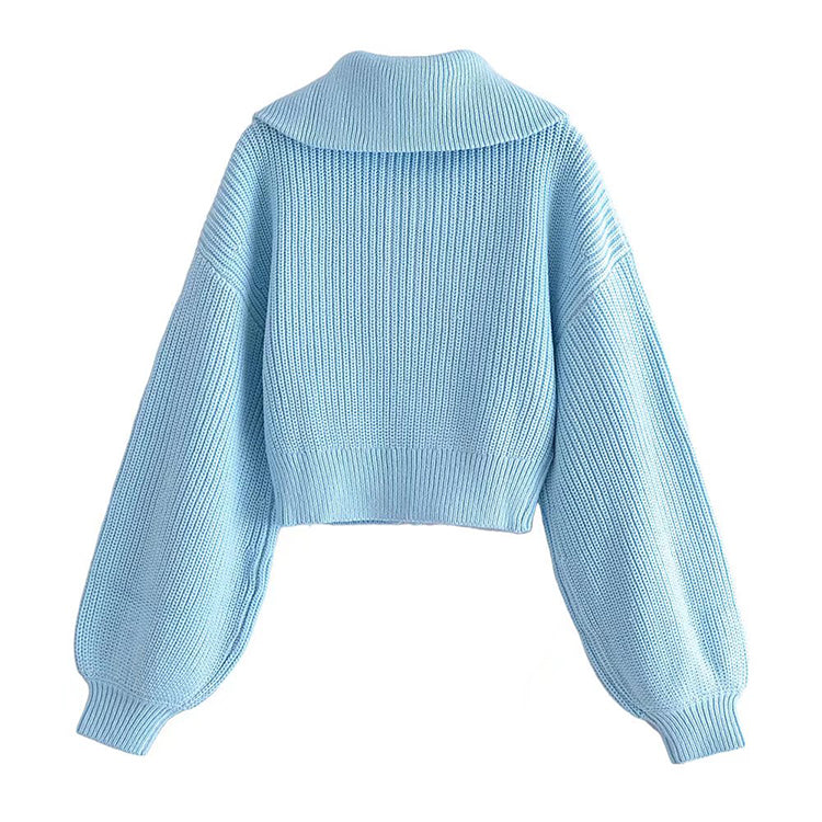 High neck sweater zipper knit cardigan short coat 7345