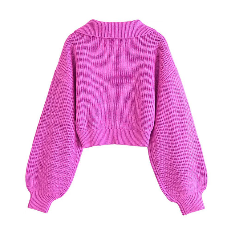 Lapel V-neck Lantern Sleeve Sweater Vintage short sweater 7349