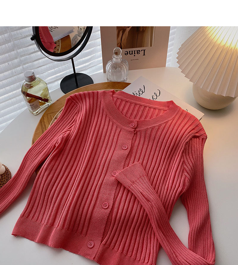 Korean version thin long sleeve round neck versatile thread solid color knitted cardigan 6550