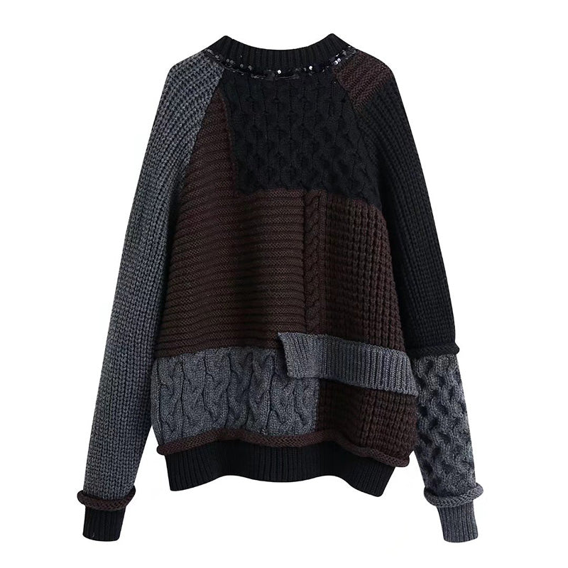 Modischer lockerer Rundhals-Patchwork-Pullover mit Perlen 7512