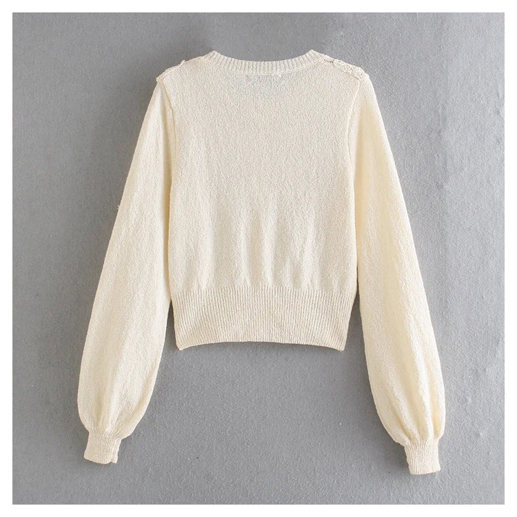 Vintage hollow out crew neck Ruffle button knit cardigan sweater 7366