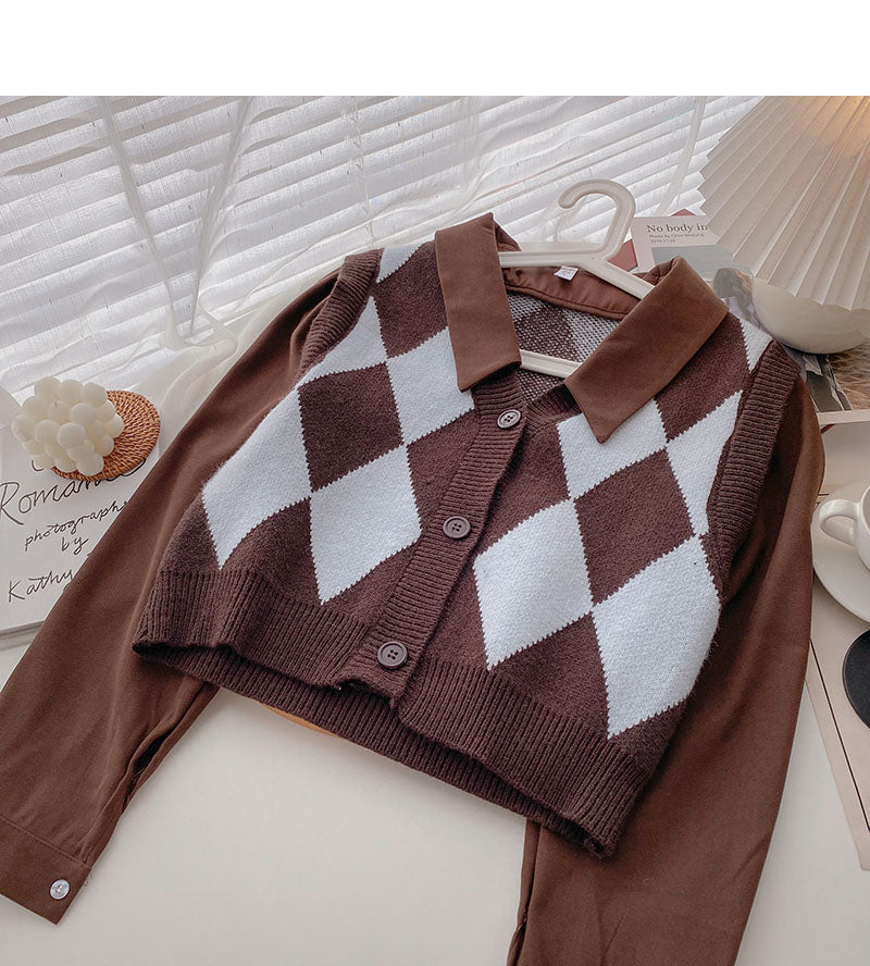 Korean retro Hong Kong style knitted Plaid stitched long sleeves 6339