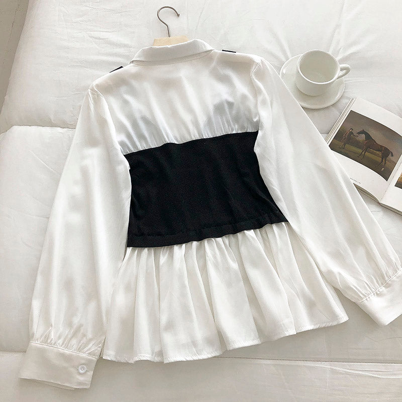 Women's black suspender stitched with white fake two-piece shirt 6247