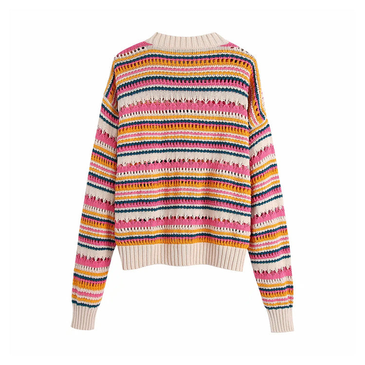 Hollow out color stripe round neck sweater 7255