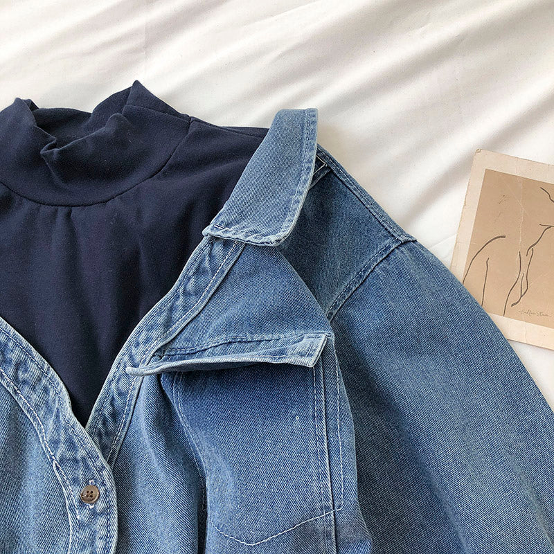 Hong Kong style fashion stitched stand collar medium and long denim shirt 6248