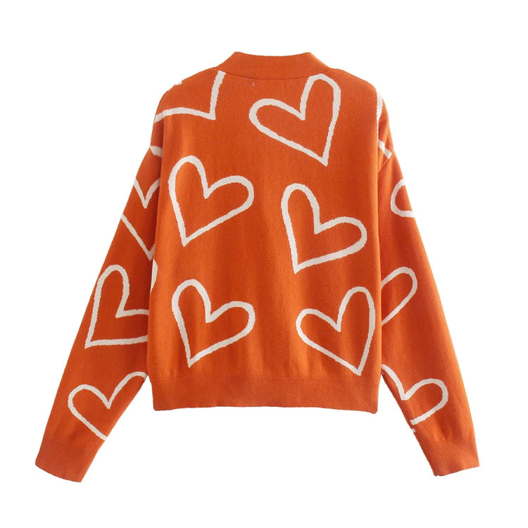 Fashion sweet V-neck love jacquard short knitted cardigan 7194