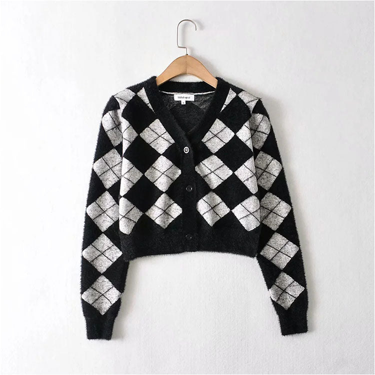 Slim and thickened hippocampal hair V-neck diamond lattice knitted coat 7180