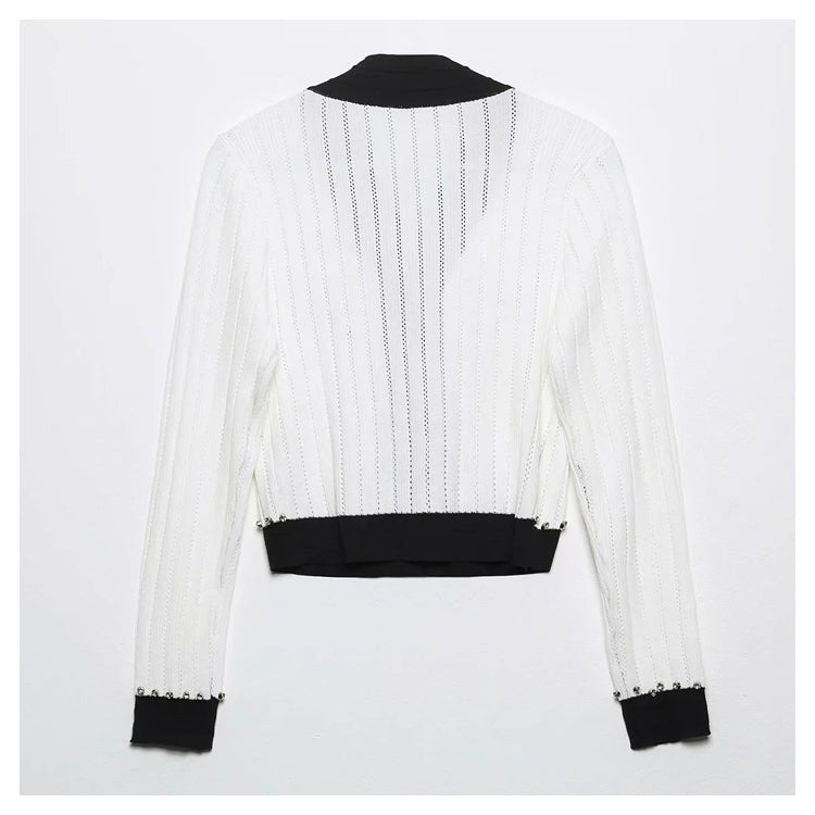 Xiaoxiangfeng V-neck heavy industry rivet bow knit cardigan 7294