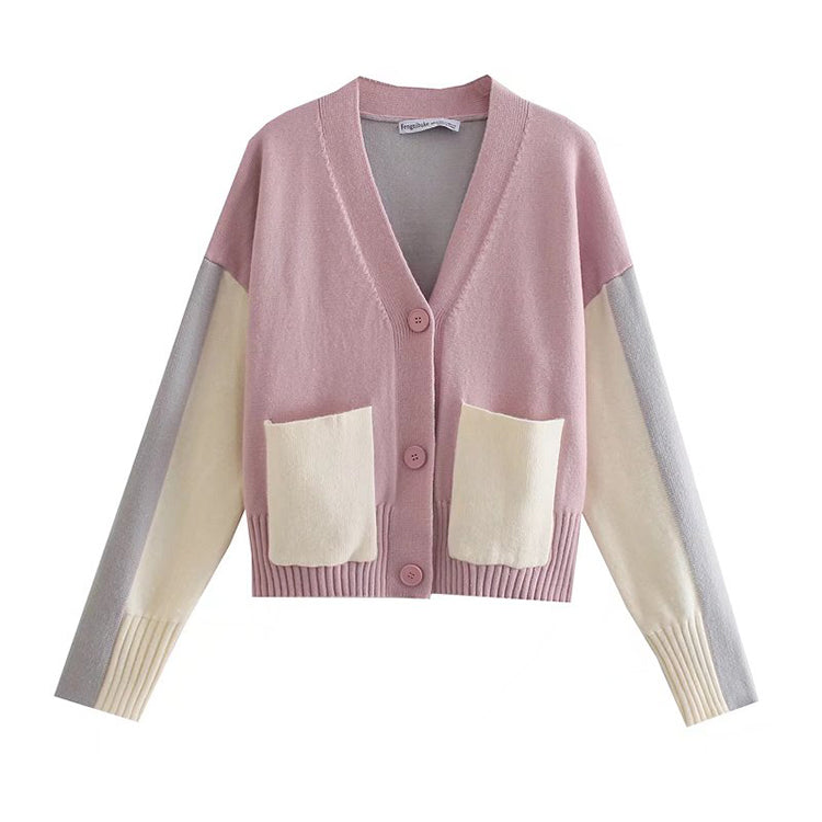 V-neck contrast color design knitted cardigan loose lazy coat sweater 7418
