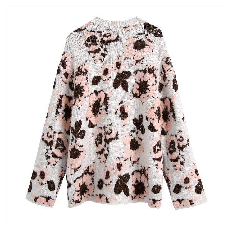 Vintage forest flower jacquard sweater soft waxy sweater 7433