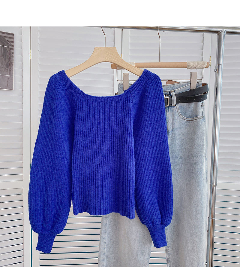 Le pull à col carré à manches lanternes vintage est fin et à la mode 6162