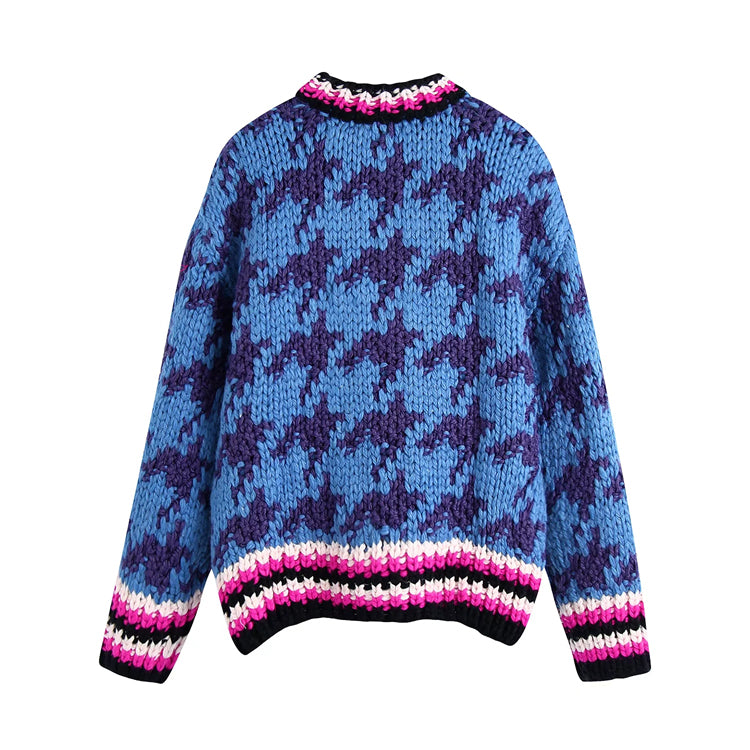 Jacquard-Pullover mit Kontraststreifen und Tausend-Vogel-Karomuster 7476
