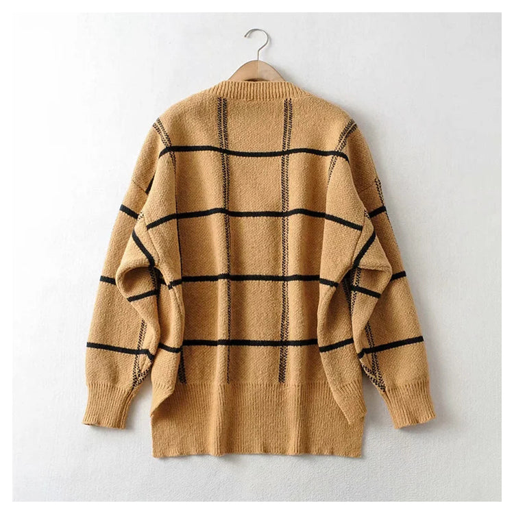 Nouveau manteau cardigan en tricot à carreaux contrastés à col en V paresseux 7305