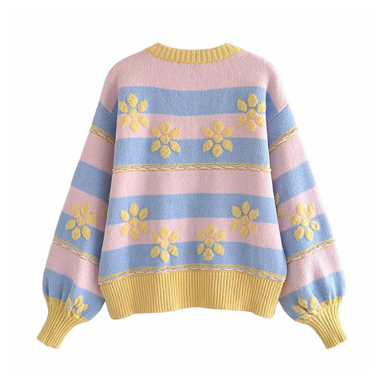 Süße Jacquard-Strickjacke mit Blumenmuster 7302