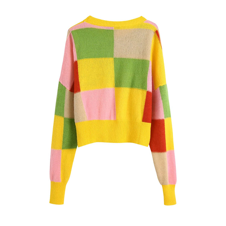 Neuer süßer lockerer karierter Jacquard-Pullover 7468