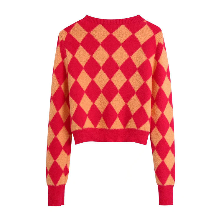 Fashion Aging Diamond Check Color Blocking Kurzstrickpullover 7521