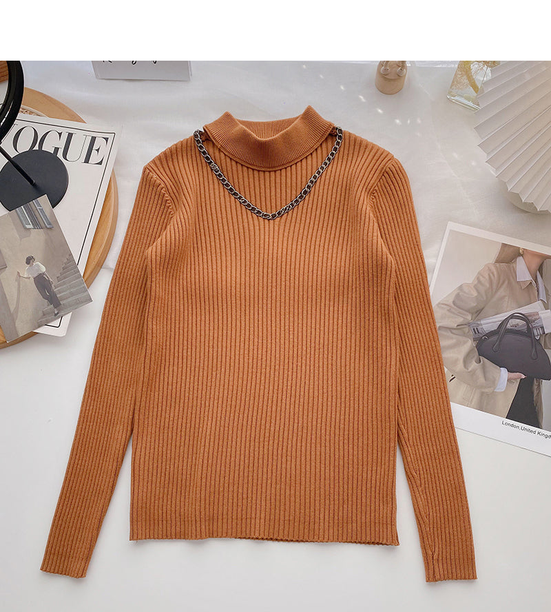 Design sense knitwear stand collar chain long sleeve top 6689