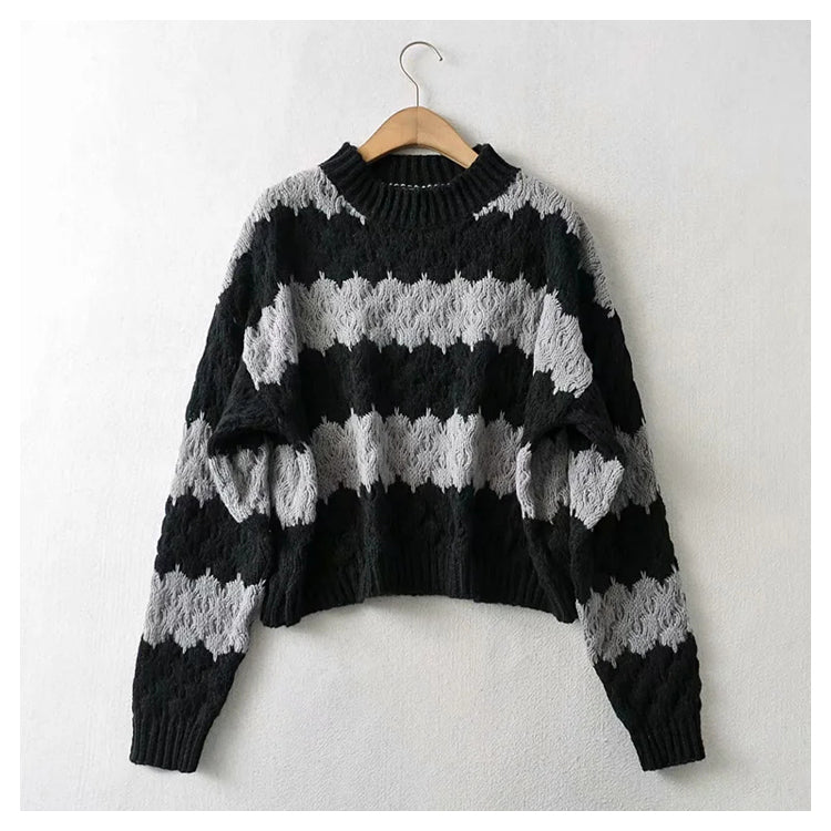 Thick needle jacquard stripe round neck Pullover knitted sweater 7399