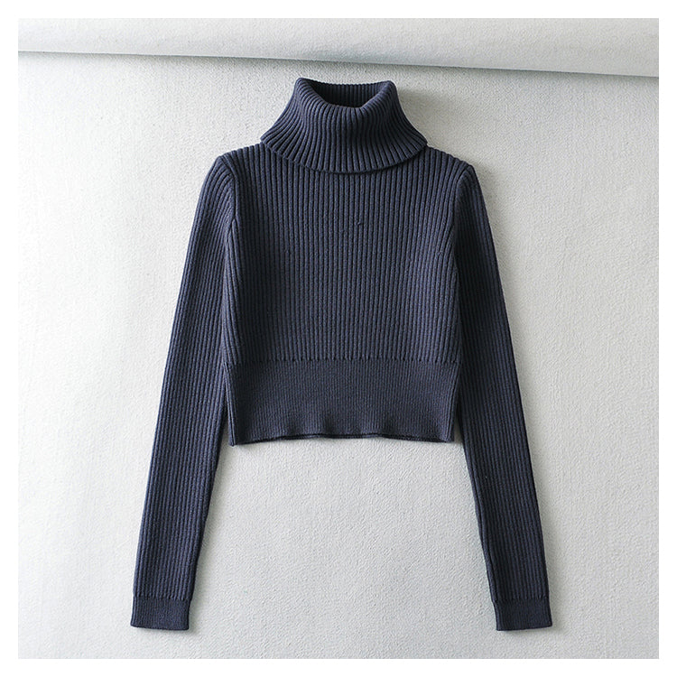 American retro high neck sweater with exposed navel and high waist 7351