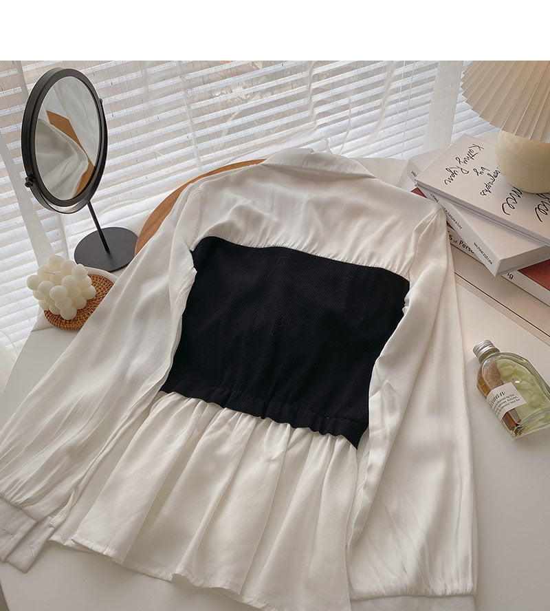 Shirt Female Minority design color matching drawstring fake two pieces 6287