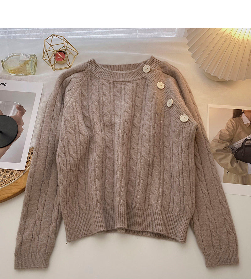 Design sense personalized diagonal button round neck Pullover versatile top 6032