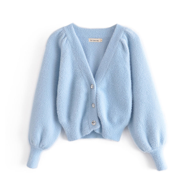 Cardigan tricoté à col en V et manches lanternes à trois boutons pour femme 7237