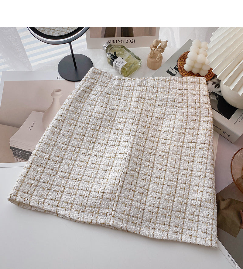 Korean version of thin gold coarse tweed small fragrant grid skirt 5627