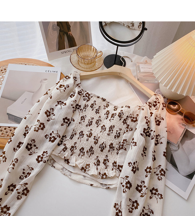 Design sense floral shirt square neck lace up long sleeve top 6436