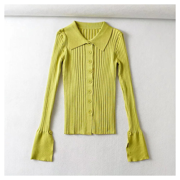 Single breasted flare sleeve pit stripe solid color sweater 7384