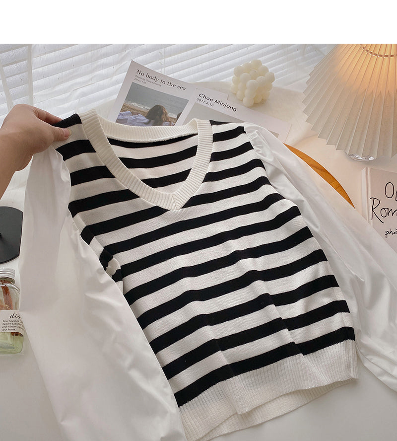 Korean minority design knitted stitched long sleeve top 6303