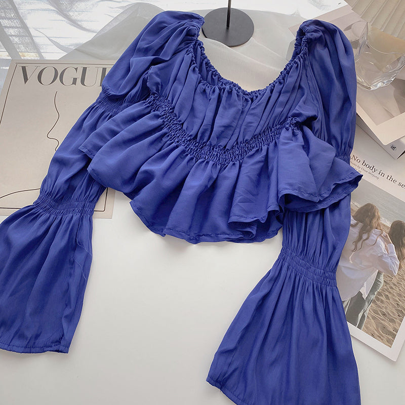Design pleated flare sleeve square neck top 6296