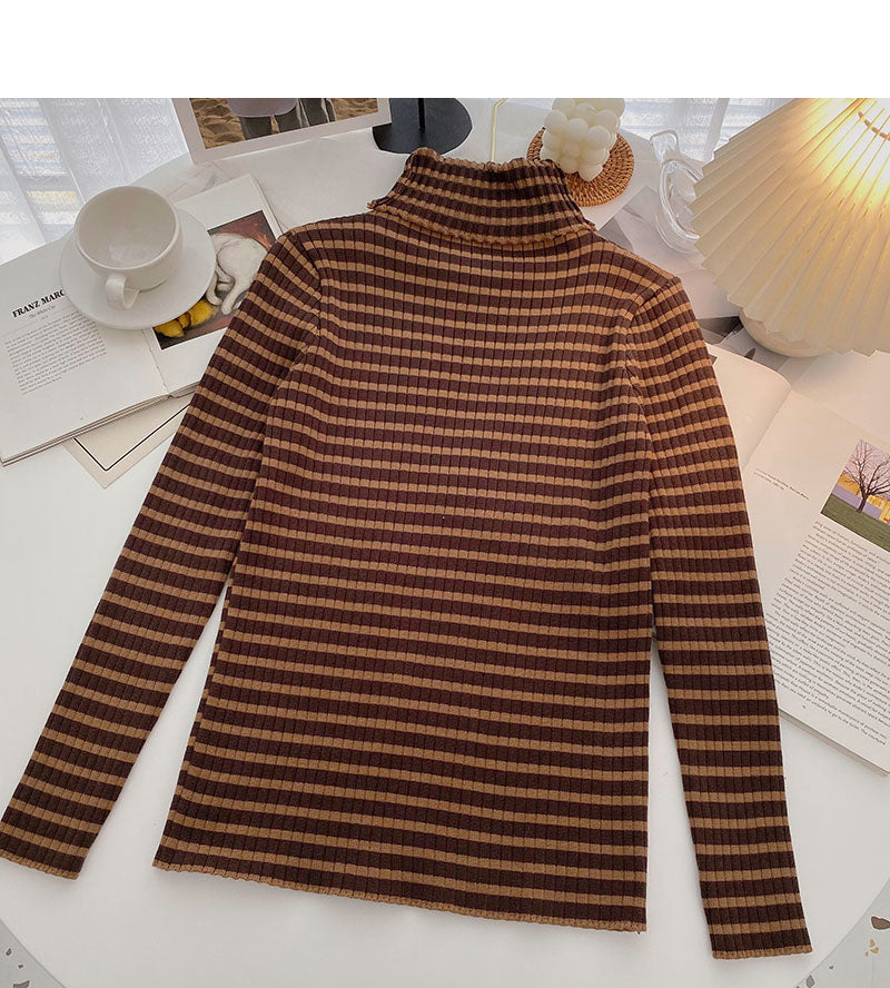 Beliebter Pullover 6652 mit Stehkragen, gestreiftem Boden und langen Ärmeln