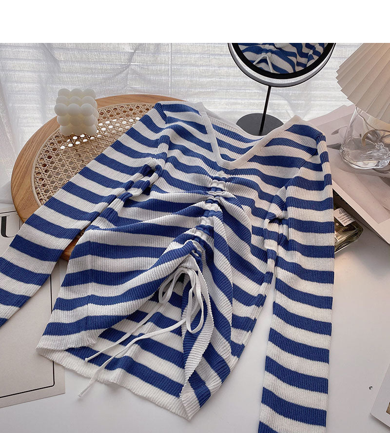 Long Sleeve Striped t-shirt design V-neck drawstring top 6485